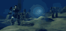a couple of robots are standing in the desert with glowing lasers