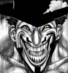a black and white drawing of a joker with a large smile on his face