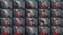 a collage of images of a man singing into microphones