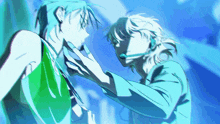 a man with a headset is touching another man 's neck