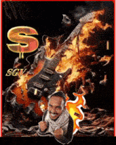 a man is standing in front of a burning guitar with the letter s above it