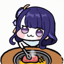 a cartoon of a girl with purple hair eating a steak