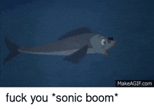 a shark is swimming in the ocean with the words " fuck you * sonic boom * " above it