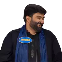 a man with a beard and a blue scarf has a name tag that says jaunad