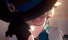 a close up of a person wearing glasses and a hat with the word gifhonkai on the bottom right