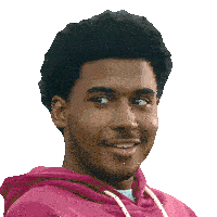 a man wearing a pink hoodie is smiling with his eyes closed