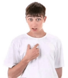 a young man in a white t-shirt is making a surprised face .