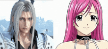 a man with long white hair and a girl with pink hair are next to each other