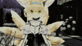 a girl with a fox 's tail is standing in front of flowers