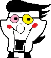 a pixel art drawing of a cartoon character with glasses and a pink and yellow eye .