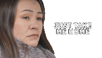 a woman with a tattoo on her forehead says " just take me home "