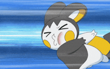 a black and white cartoon character with a yellow stripe on the bottom is running