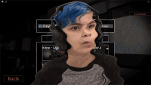 a boy with blue hair is wearing headphones in front of a screen that says day