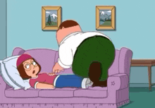 a cartoon character is laying on a couch with a man standing next to her .