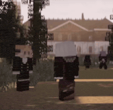 a group of minecraft characters standing in front of a house