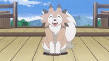 a cartoon of a wolf sitting on a wooden deck