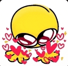 a yellow smiley face surrounded by red hearts .