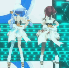 two anime girls are standing next to each other on a stage and dancing .