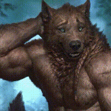 a painting of a werewolf without a shirt with his hands behind his head