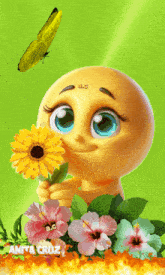 a smiley face is holding a yellow flower and a butterfly is flying around it