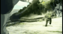 a cartoon character is running on a dirt road in front of a large pipe .