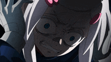 a close up of a cartoon character with white hair
