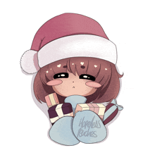 a drawing of a girl wearing a santa hat and holding presents with hopeless peaches written on her feet