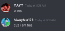 a screenshot of a discord conversation between yayy u sus and hiwaybus123