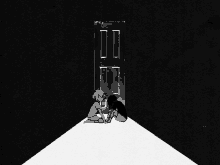 a black and white drawing of a person kneeling in front of a door