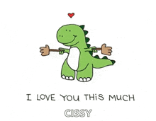 a cartoon of a dinosaur holding a stick with the words `` i love you this much '' written on it .