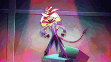 a cartoon character is standing on a podium with a purple tail and a red hat