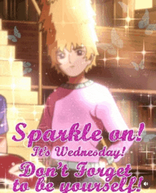 a sparkle on it 's wednesday greeting card with a boy in a pink sweater
