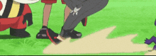 a cartoon character is standing on a grassy field .
