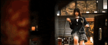 a girl in a school uniform is holding a whip in a dark room