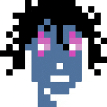 a pixel art drawing of a girl with pink eyes