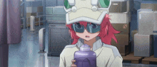 a girl with pink hair is holding a purple water bottle in a warehouse