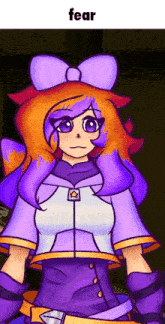 a cartoon of a girl with purple hair and the word fear written below her