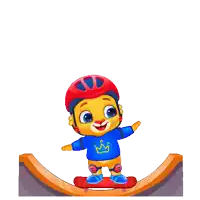 a cartoon character wearing a blue shirt with a crown on it is riding a red skateboard on a ramp