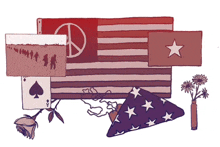 a flag with a peace sign on it is surrounded by other flags and flowers