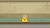 a cartoon squirrel wearing a yellow cape with the letter w on it stands in front of a window