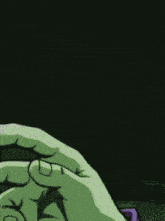 a cartoon character with green hair and a purple shirt is standing with his arm in the air