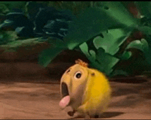 a cartoon character with a surprised look on his face is walking on the ground .