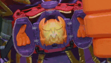 a cartoon drawing of a purple and orange robot with a flame coming out of it 's chest