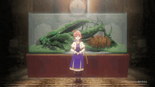a girl in a blue dress is standing in front of a large aquarium