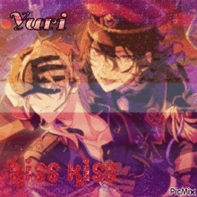 a picture of two anime characters with yuri kiss kiss written on the bottom