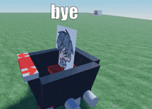 a cartoon character in a box with the word bye above him