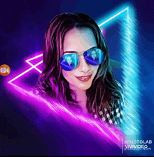 a woman wearing sunglasses has a picture of herself in the lenses
