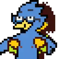 a pixel art of a blue bird with glasses