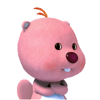 a close up of a pink cartoon beaver with a white tongue sticking out