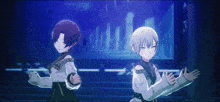 two anime characters are standing next to each other in front of a city .